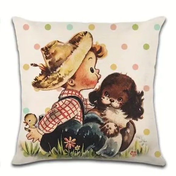 NIP Pillow cover 18” x 18”  Zipper open/close 1/pc VINTAGE Insp Lil Boy & Puppy - Picture 1 of 4